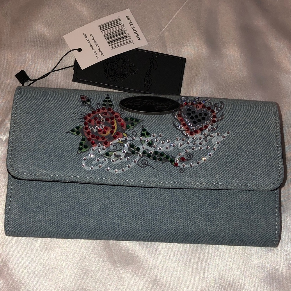 Ed Hardy Denim Blue Flap Wallet Rose & Flaming Heart Rhinestone Accents NWT - Picture 15 of 16